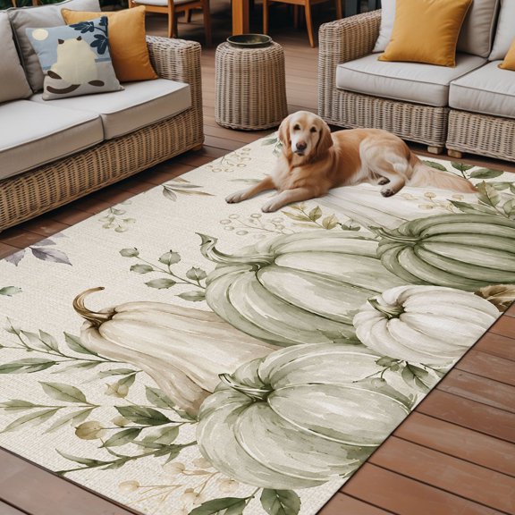 Outdoor Rug, Thanksgiving Sage Green Pumpkins Indoor Area Rug Outdoor Carpet RV Camping Rugs 6x9ft Retro Linen Background Outside Mat for Patio Picnic Porch Deck Balcony Backyard