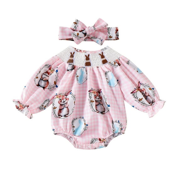 My First Easter Baby Girl Outfit Baby Girl Ruffles Cute Bunny Pattern Print Jumpsuit Bodysuit Baby Easter Outfit Pink 6 Months-12 Months