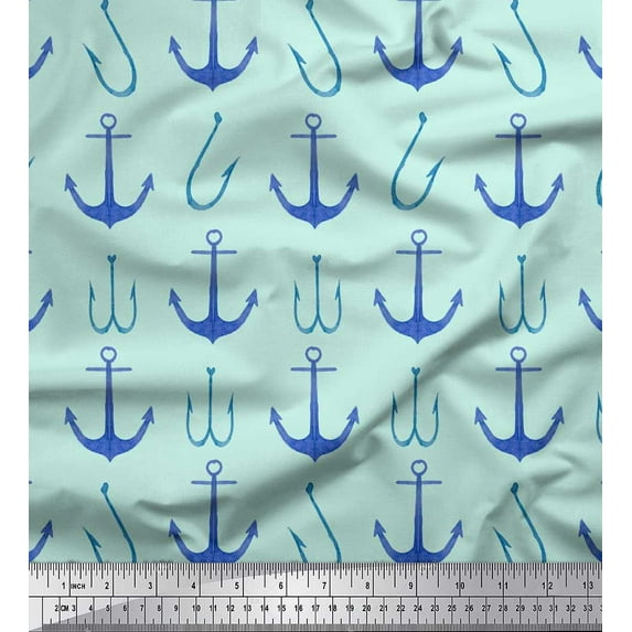 Soimoi Green polyester Crepe Fabric Anchor Hook Nautical Print Fabric by the Yard 52 Inch Wide