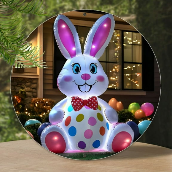 An inflatable Easter bunny with a bow tie and a polka dot egg sits on the ground in front of a house decorated for Easter