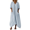 thumbnail image 2 of QUNYINEY Spring Dresses for Women Cotton Linen Blue 3/4 Sleeve Long A Line Dress Flowy Loose Fit Casual with Pockets V Neck Dresses, 2 of 7