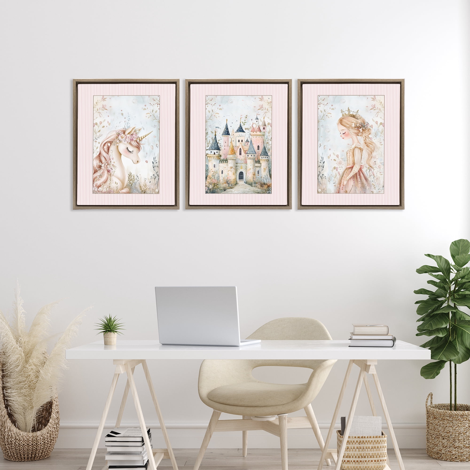 Stupell Industries Fantasy Enchanted Dreams 3 Piece Brown Framed Floater Canvas Set, design by Christine Simpson Art