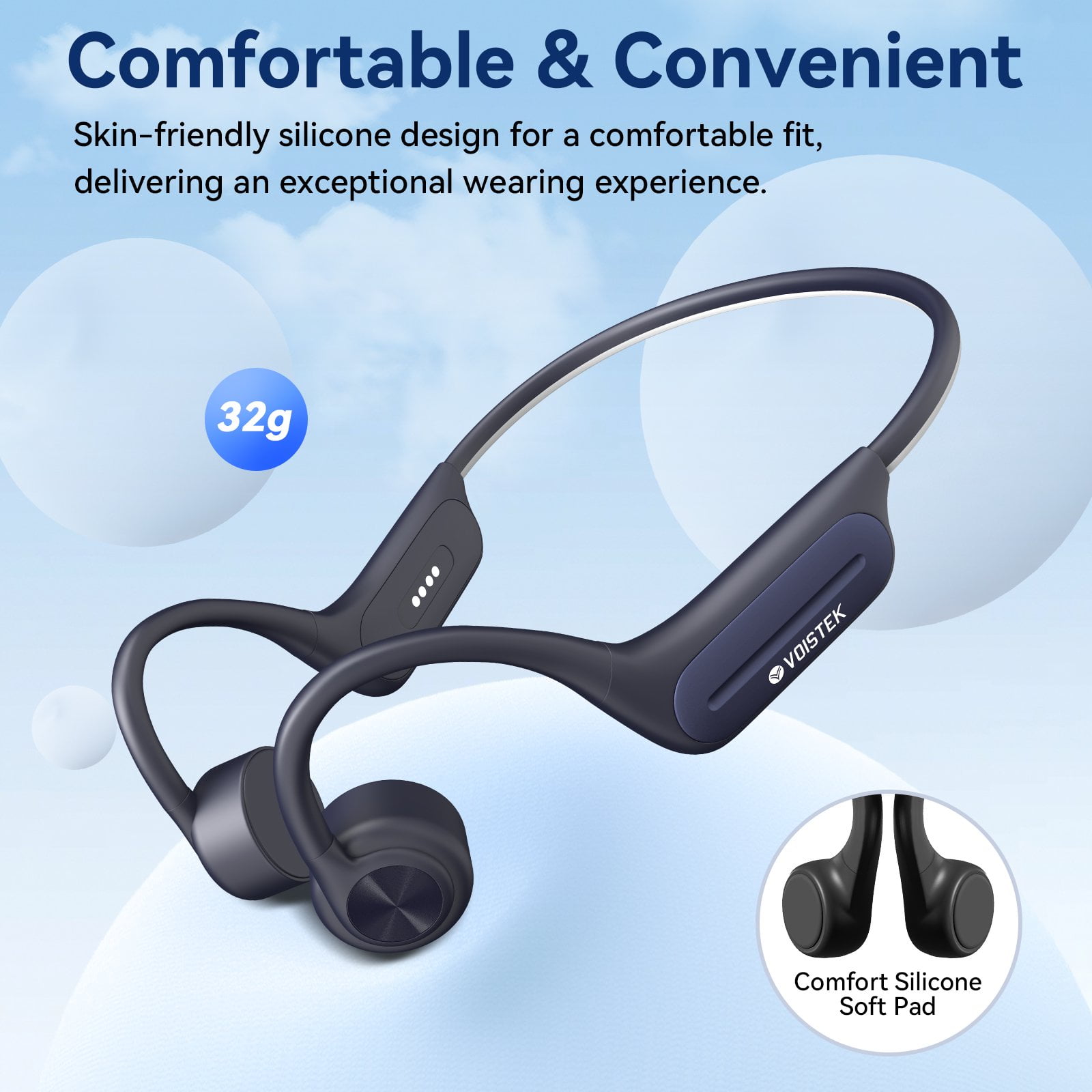 Voistek Wireless Bone Conduction Headphones, Open-Ear, IP68 Waterproof, Bluetooth 5.3, Built-in 32GB MP3, Blue