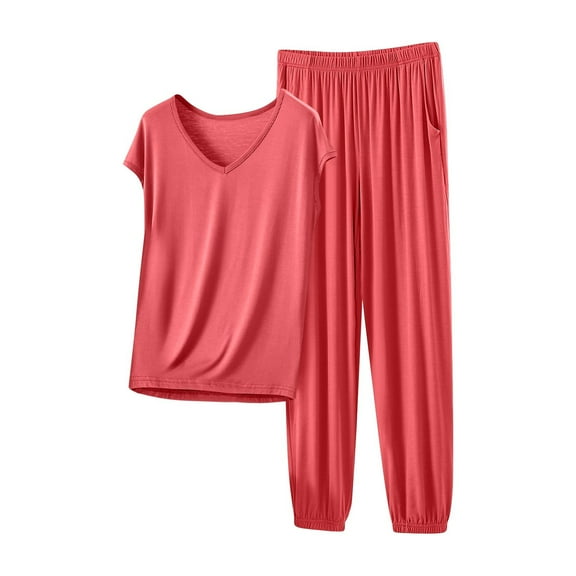 biudgviw Womens Pajama Sets 2 Piece Sleeveless Loungewear Set V Neck Top and Long Pants Pjs with Pockets Soft Modal Sleepwear