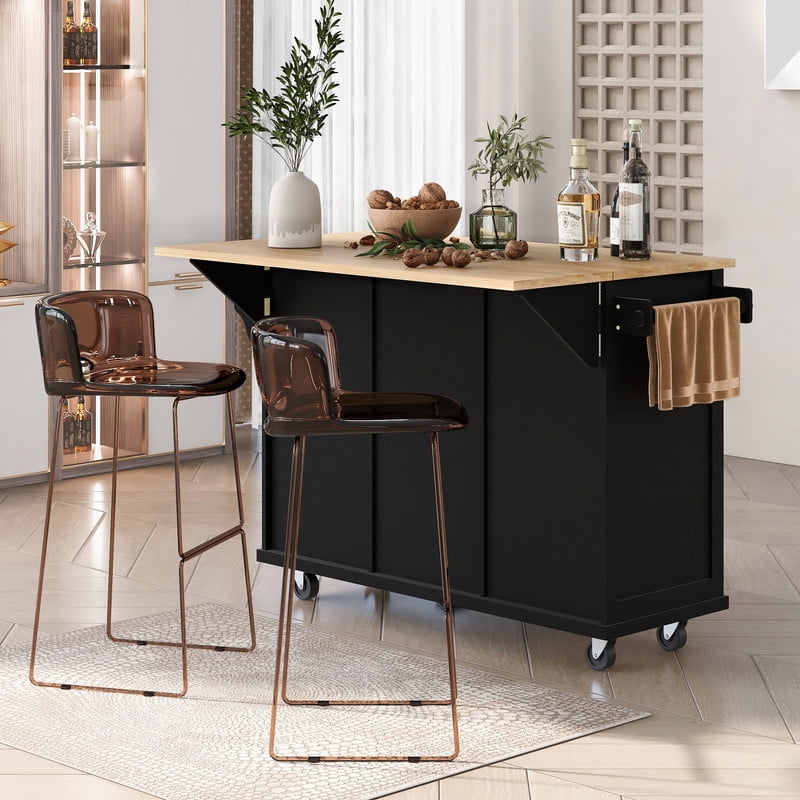 HICOMILA Kitchen Island Cart with Drop Leaf, Rolling Kitchen Island on Wheels with Storage Cabinet, Rubber Wood Countertop, 5 Drawers & Cabinet Door Storage Racks, Black