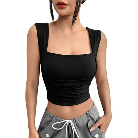 Blphud Women Summer Tops Womens Summer Tops Vest for Women Tank Top for Women Tops Women s Sexy Solid Color Top Square Neck Top Chest Wrap Top with Strap Top Bra Top Black XL