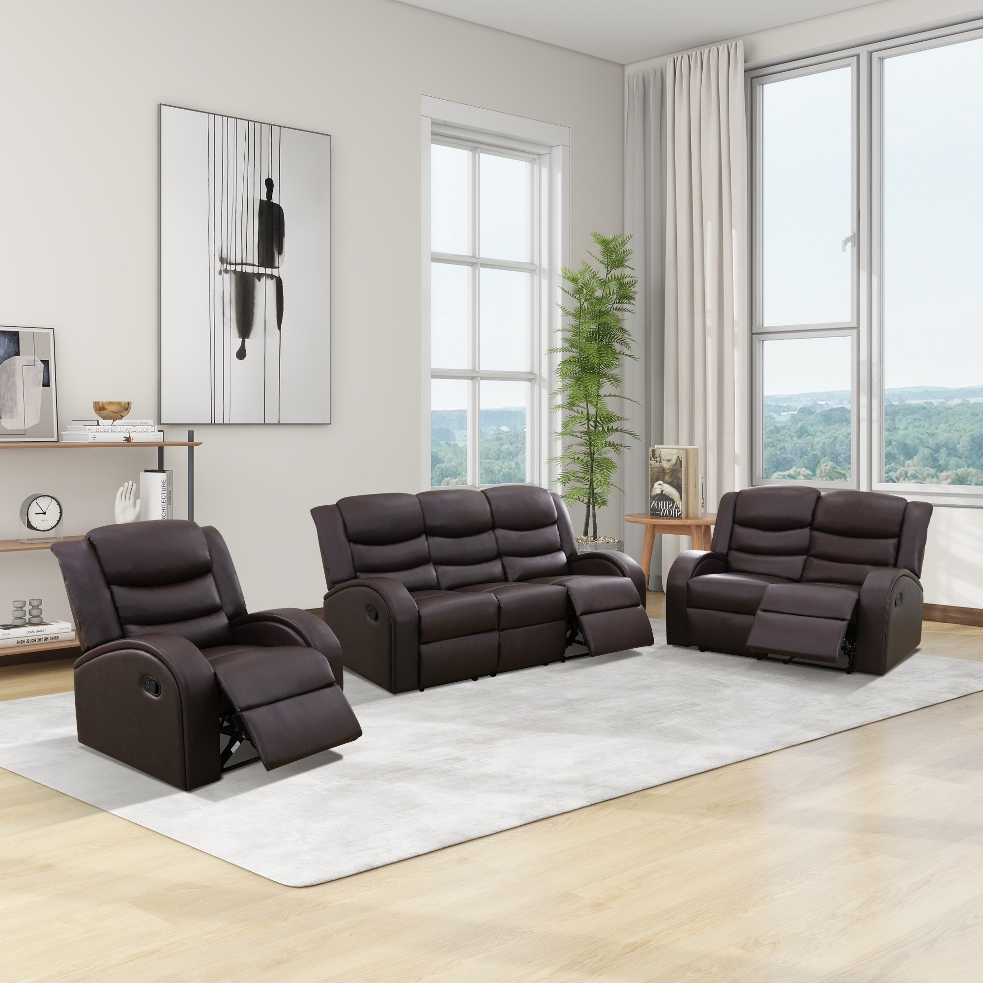Gewnee Brown 3-Piece Living Room Recliner Sofa Set with Air Leather & Solid Wood Frame, Double-Layer Springs, Suitable for Living Room