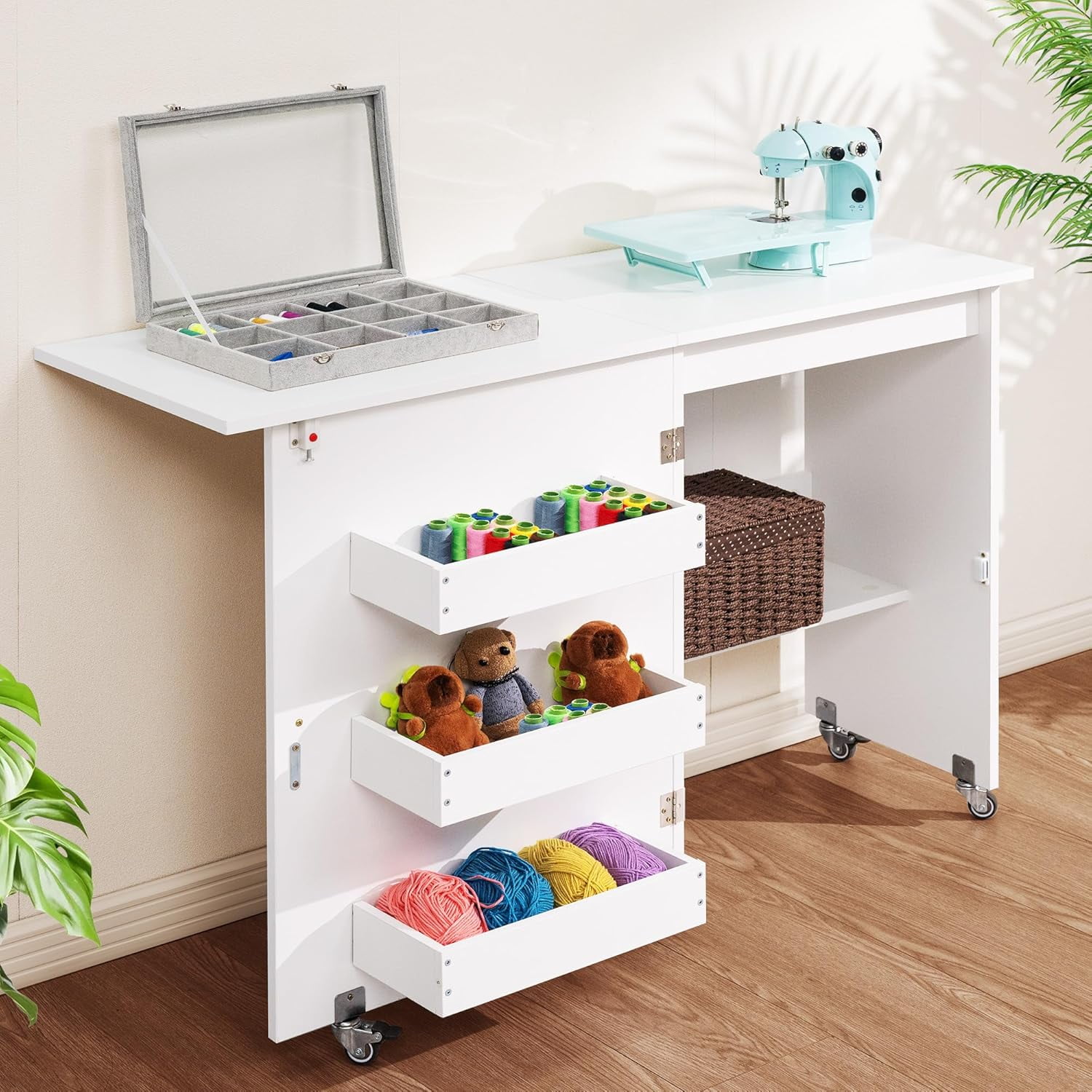 SPECSTAR Folding Sewing Craft Table, Rolling Sewing Machine Desk with Storage Shelves, Sewing Cabinet with Lift for Small Spaces, White