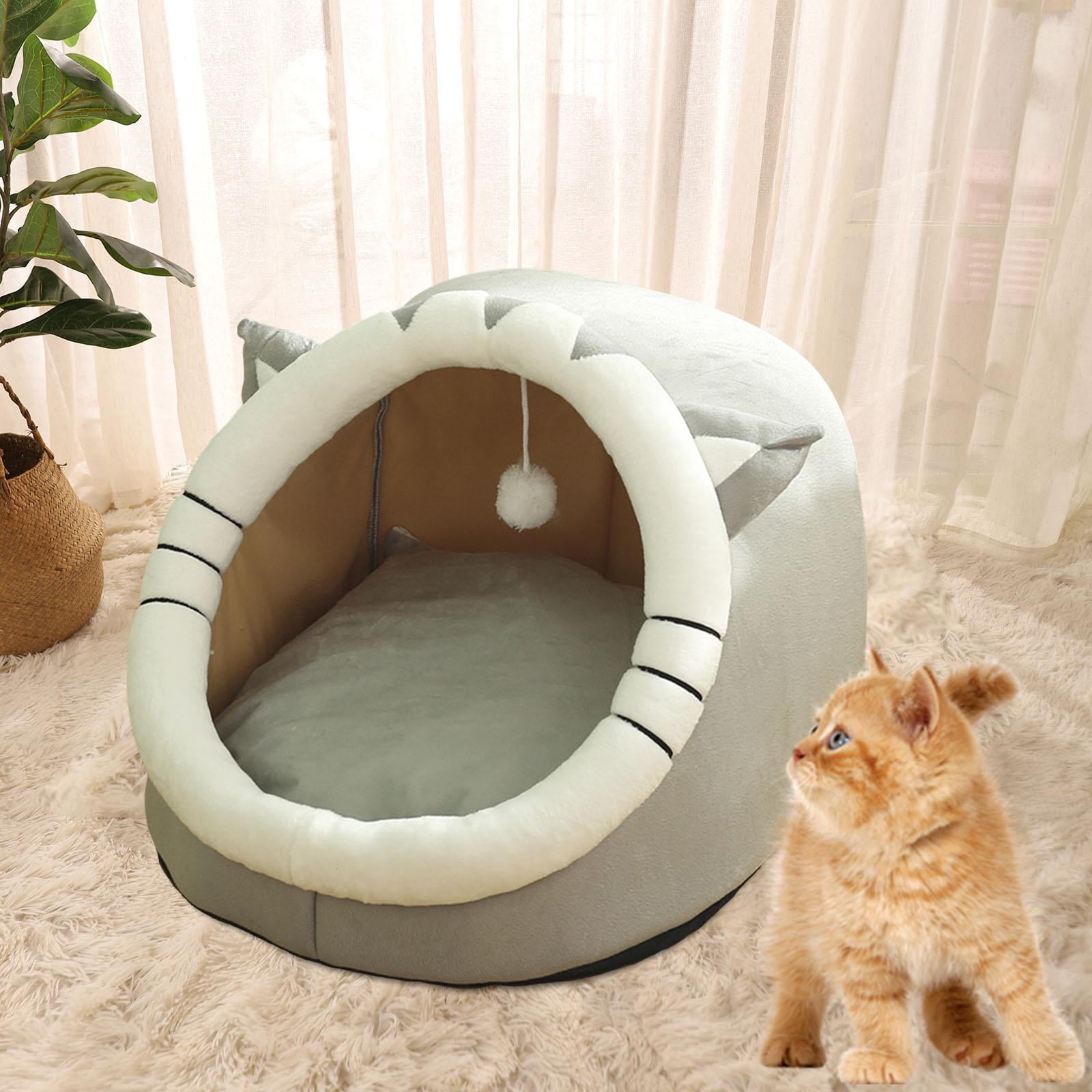 Cute Cave Bed with Ball Slip Bottom Furniture Warm Dog Basket Soft Hideout Portable Pet House Nest for Puppy Indoor Cats Rabbit Kitten , 35x35x31cm Gray