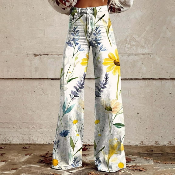 Women's Casual Pants Wide Leg Pants Woman High Waist Floral Patterned Pants Lightweight Loose Fit Casual Colorful Trouser Imitation Jeans,Yellow Women's Casual Pants XXXL