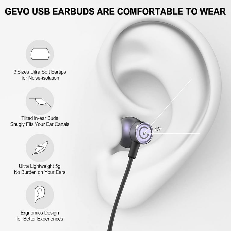 GEVO USB Earbuds with rophone for PC USB Earphones for Computer USB with 2M 6.6FT Long Cord Noise Walmart