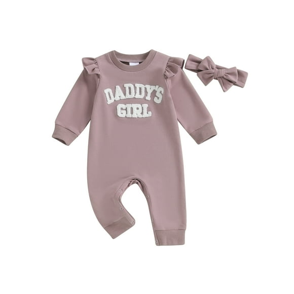 Sylvamorning Baby Girl Casual Footless Jumpsuit Ruffle Long Sleeve Fuzzy Letter Embroidered Onesie Rompers with Headband Newborn Infant Cute Daily Outfits 0-18 Months