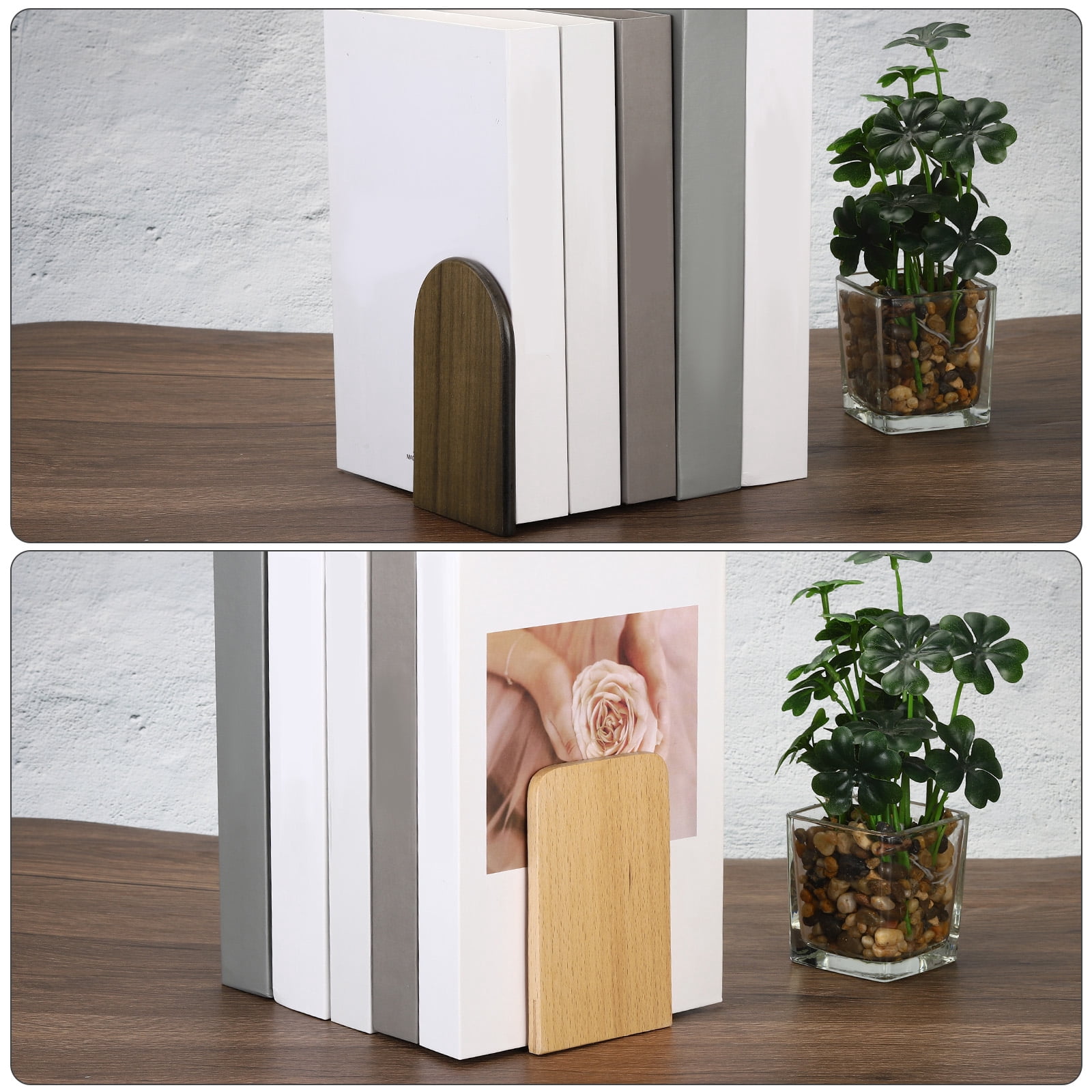 Unique Bargains Wood Bookend with Metal Base Non-skid Round Head Book Ends Walnut Wood