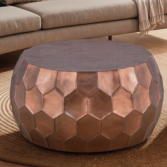 CT101 Farmhouse-Style Round Coffee Table of 32" in Aluminum & Copper, Intricate Hand-Hammered Design & Easy Maintenance