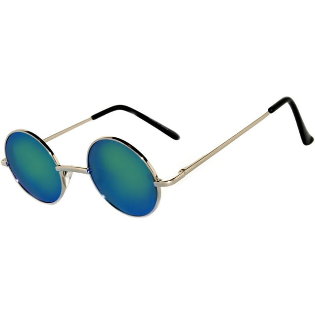 OWL ® Eyewear Sunglasses 43mm Women’s Metal Round Circle Silver Frame Mirror Blue-Green Lens One Pair