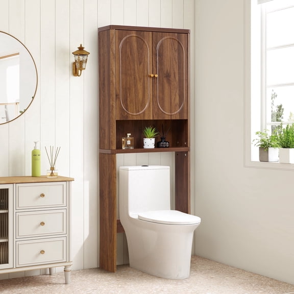 YOCWO Over The Toilet Storage Cabinet, Mid Century Storage Cabinet Over Toilet with 2 Doors and Open Shelf, Home Space Saver for Bathroom, Living Room, Walnut