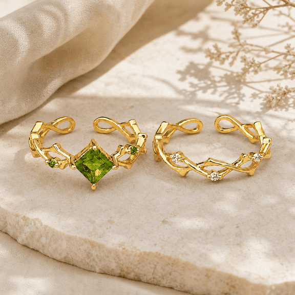 2PCS Adjustable Green CZ Stackable Rings for Women, Gold Tone Copper Ring Set
