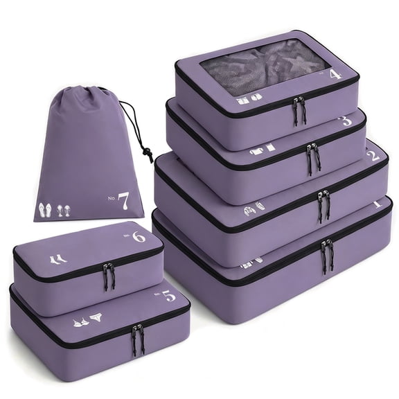7 Pcs Packing Cubes for Travel Organizer Tear-Resistant with Number Icon Handle Storage Bags for Carry on Bag for Clothes Shoes, Purple