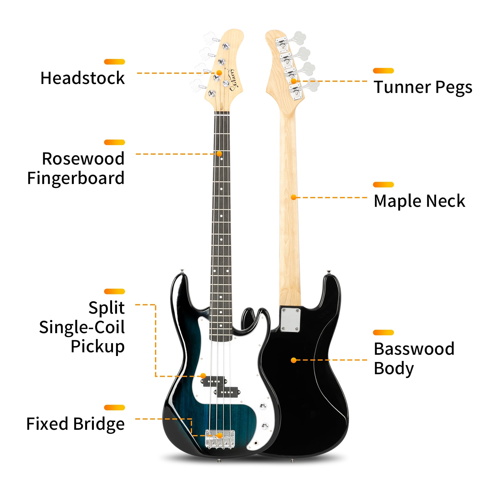 Electric Bass Guitar Full Size Standard Beginner Kit 4 String Cable Strap Carry Bag Blue
