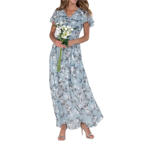 Women's Floral V Neck Flutter Sleeve Maxi Dress 100% Polyester Lightweight Flowing Silhouette for Everyday Wear
