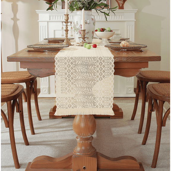 WCHUANG 2 Pack Beige Crochet Lace Rectangular Table Runner Dresser Scarf Doilies, Boho Table Runners with Tassels Rustic Farmhouse Table Decoration