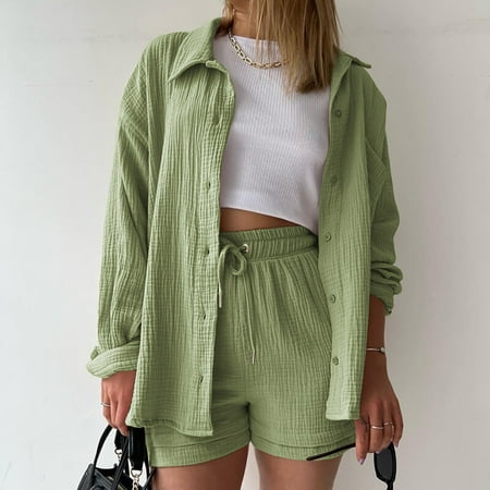 Puntoco Capri Pants for Women Women S Summer Two Piece Neck Long Sleeve Shirt High Waist Drawstring Large Shorts Casual Set On Clearance Green 12(XXL)