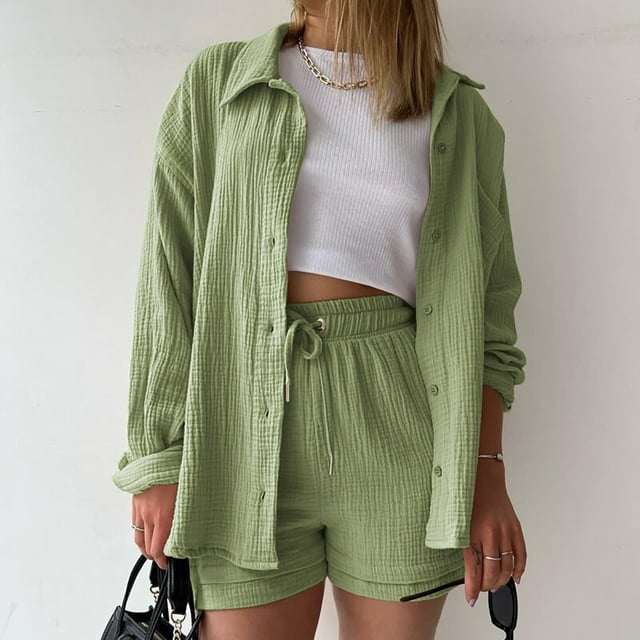 Delivery Today Womens Lounge Sets For Fall ZVAVZ Womens Summer Fall Wrinkle Tracksuits Laple Neck Buttons Down Shirts Drawstring Shorts Pants Sets Womens Two Piece Outfits Casual