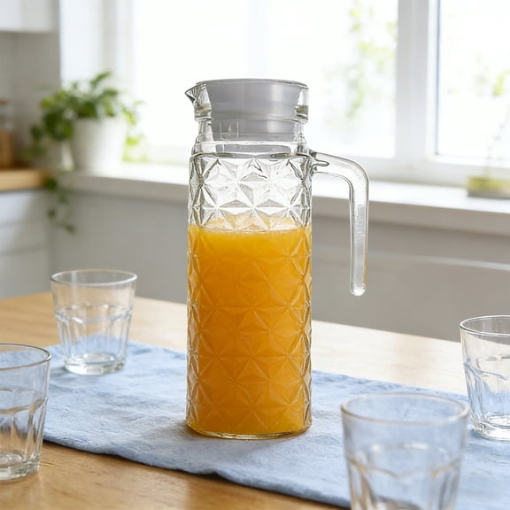1100ml Plastic Juice Containers with Lids Glass Pitcher with Handle and Spout for Fridge Small Water Orange Juice Iced Tea Pitcher Clear Fridge Containers Milk Jug Jar Carafe for Home