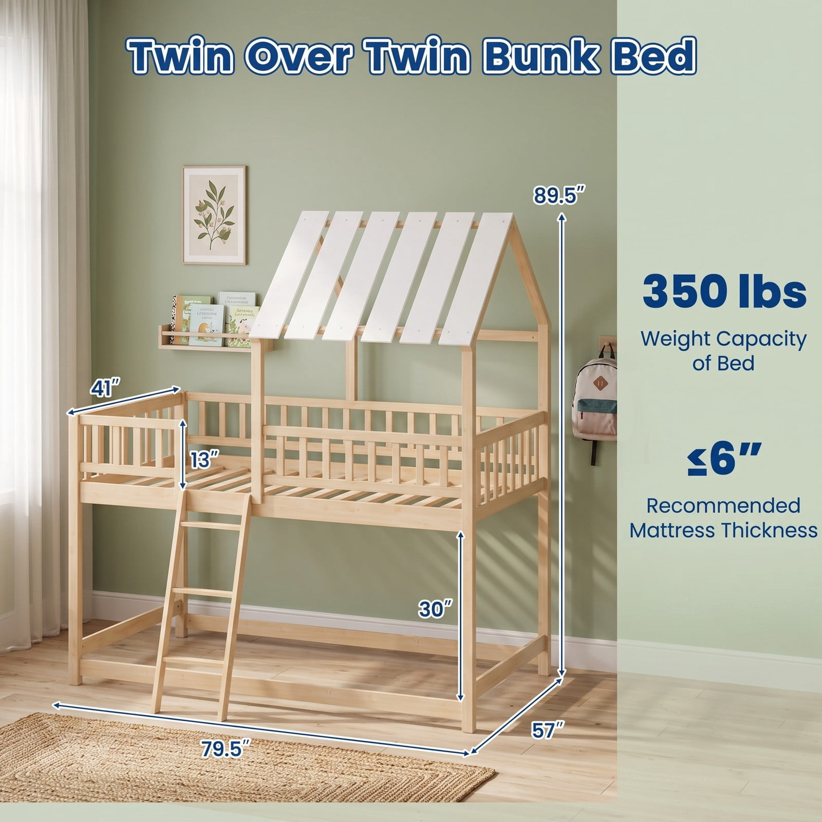 Furnibear House Bunk Bed with Roof and Full-length Guardrails Wood Low Floor Bed for Kids Teens Boys and Girls Bedroom, Natural