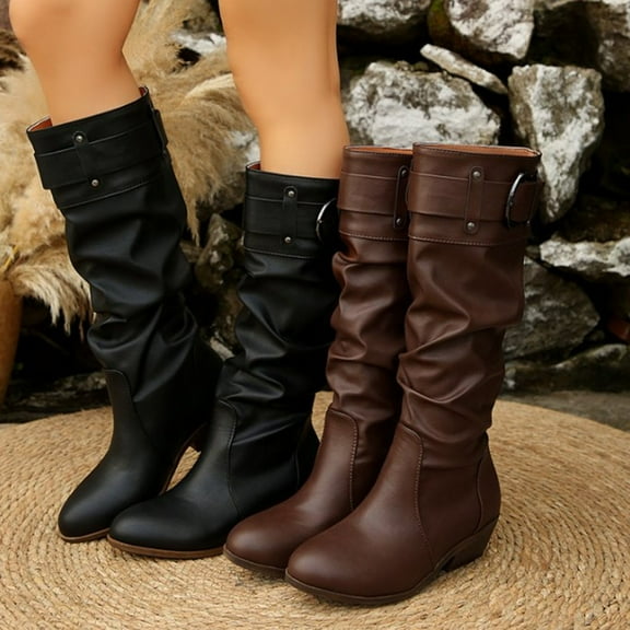 Knee High Boots for Women Chunky Low Heel Round Toe Booties Casual Outdoor Comfortable Dressy Boots Winter Warm Shoes for Women Black 6