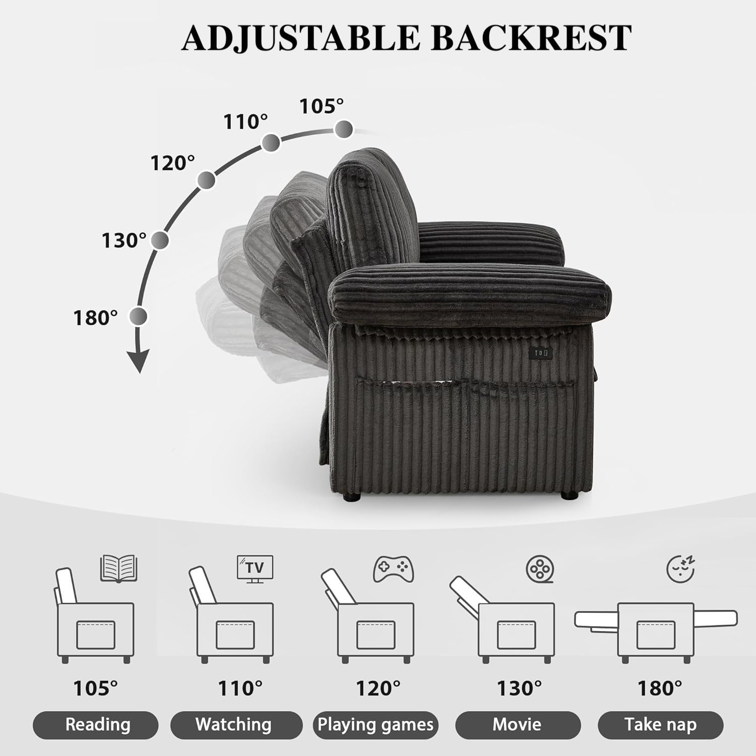 3 in 1 Convertible Sleeper Sofa Bed, 60" Pull Out Couch with Adjustable Backrest, Corduroy Loveseat Sofa Couch with Side Pockets for Living Room Bedroom Apartment Small Space (Dark Grey)