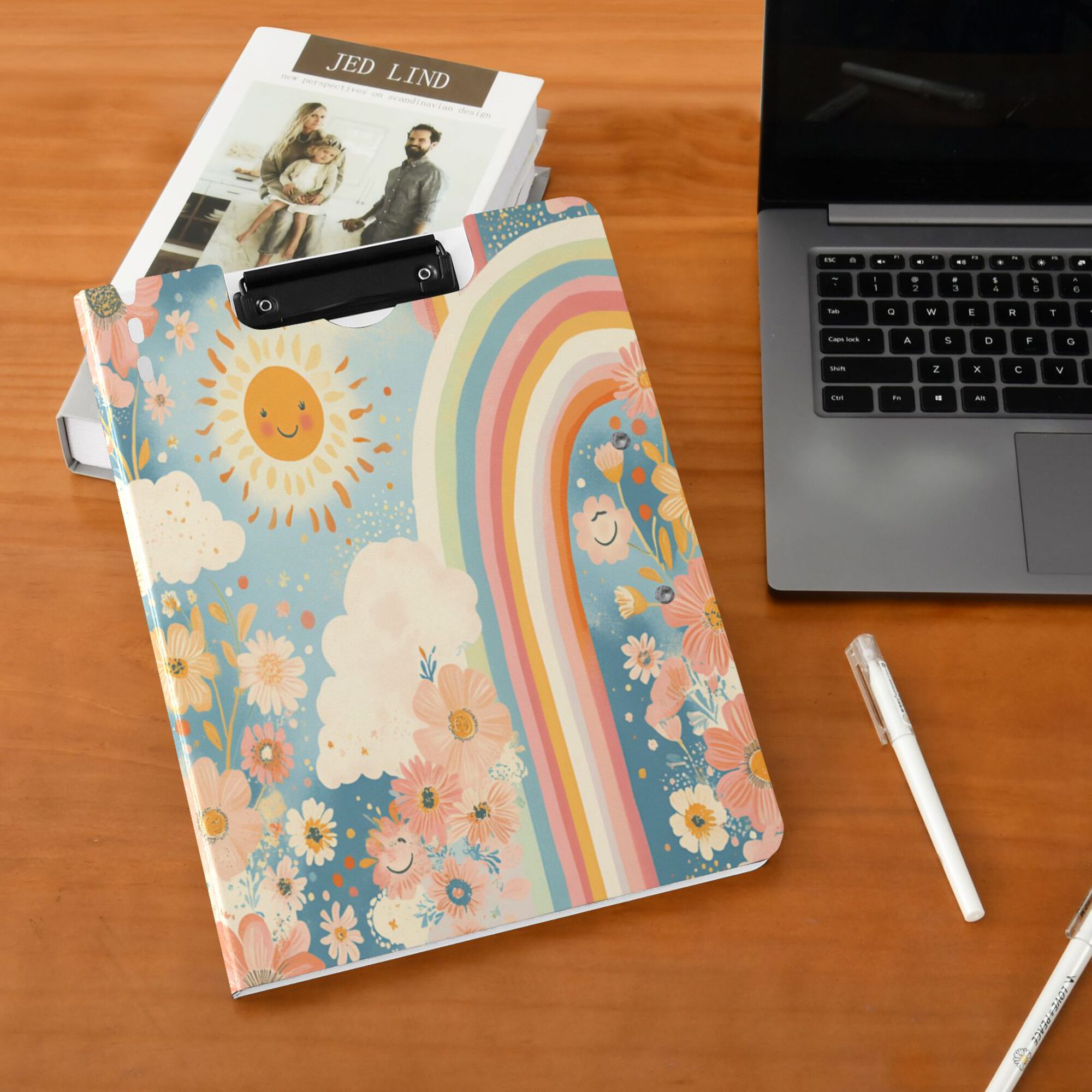 FORMRS A4 Clipboard Folder with Pen Holder Horizontal Foldable School Office Binder, Beige Rainbow Clouds