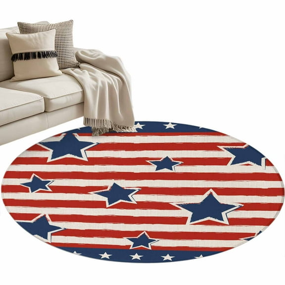 4th of July Round Area Rug 4 FT, Non Slip Indoor Outdoor Rug, Independence Day Patriotic Red Striped Blue Star Washable Soft Circular Carpet Floor Mat for Coffee Table Nursery Foyer Balcony