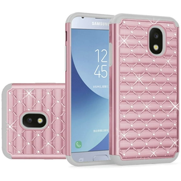 GSA Studded Rhinestone Hybrid Case 3 For Samsung Galaxy J3 (2018), J337, J3 Star, J3 Achieve & Express Rose Gold