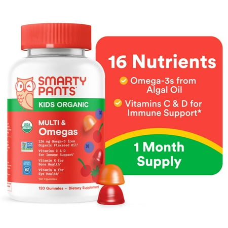 SmartyPants Kids Organic Multi & Vegetarian Omega 3 Gummy Vitamins with D3, C & B12 - 120ct