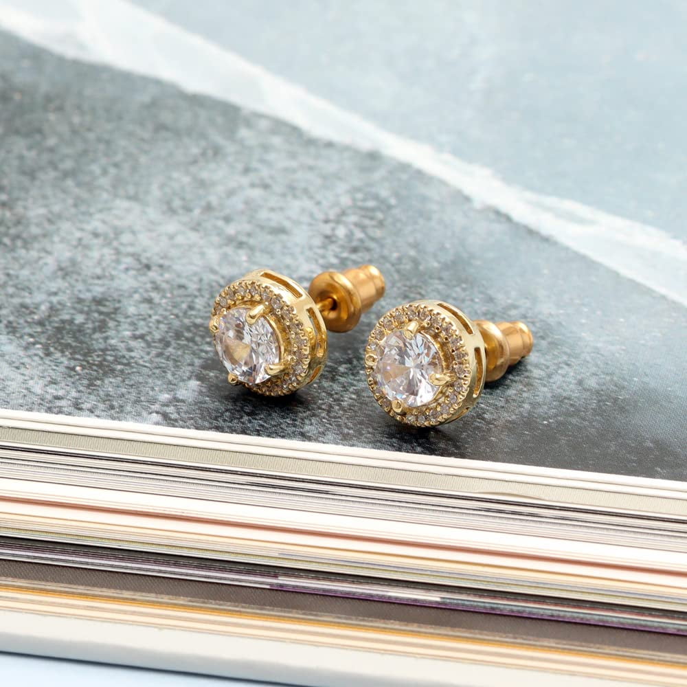 LeCalla 925 Sterling Silver 14K Gold-Plated Brilliant Round Cubic Zirconia Halo Post Stud Earrings for Men Women and Teen 15MM