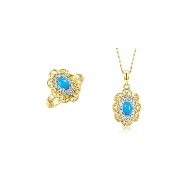 RYLOS Matching Set Yellow Gold Plated Silver Floral Halo Design: Pendant Necklace & Ring. Gemstone & Diamonds, 18" Chain. 6X4MM Turquoise December Birthstone; Size 10
