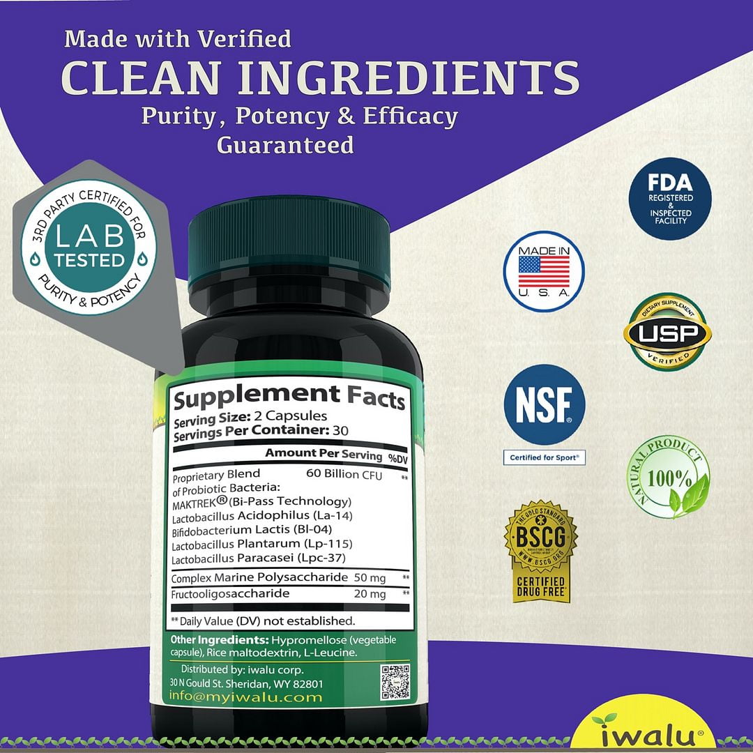 iwalu Probiotics 60 Billion CFU | Women's pH Balance, Odor Control, Flora Health | Delayed Release MAKTREK Bipass Protected Digestive Support | Gut GI Health - 60 Capsules | NSF Certified & USA Made