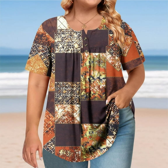 Plus Size Tops 4X Women​ Under $10 Short Sleeved Round Neck Button Up Pleated T-shirt Top