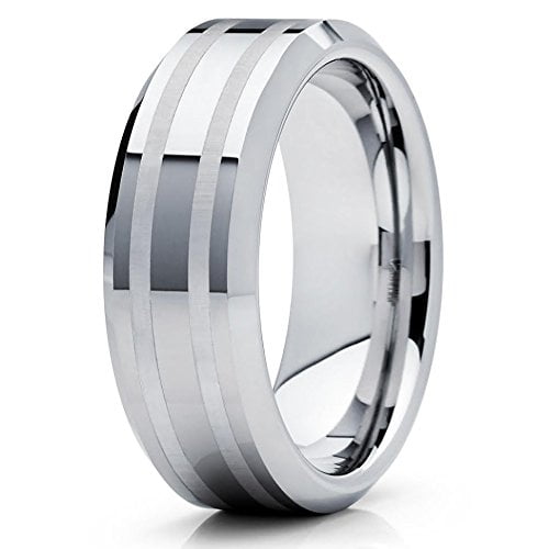 8mm Polished Silver Tungsten Carbide Wedding Band Matte Double Groove Beveled Edge Unisex Ring 10 (10)