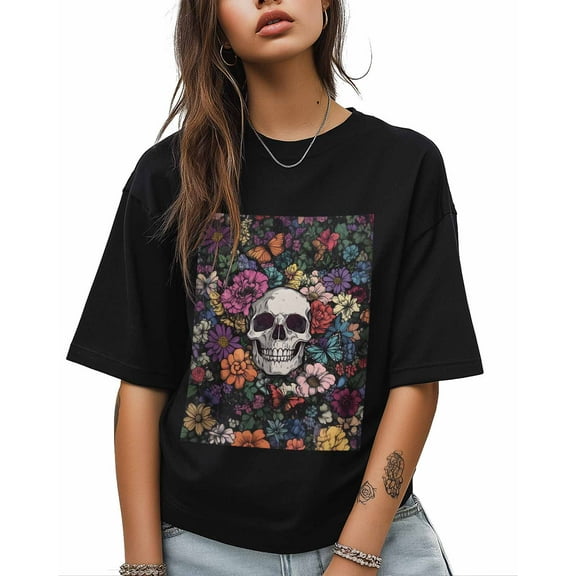 T Shirts for Women Short Sleeve Cotton Crewneck T-Shirt, Skull Flowers Floral Tee Tops Casual Basic T-Shirts, XS-5XL Black XS