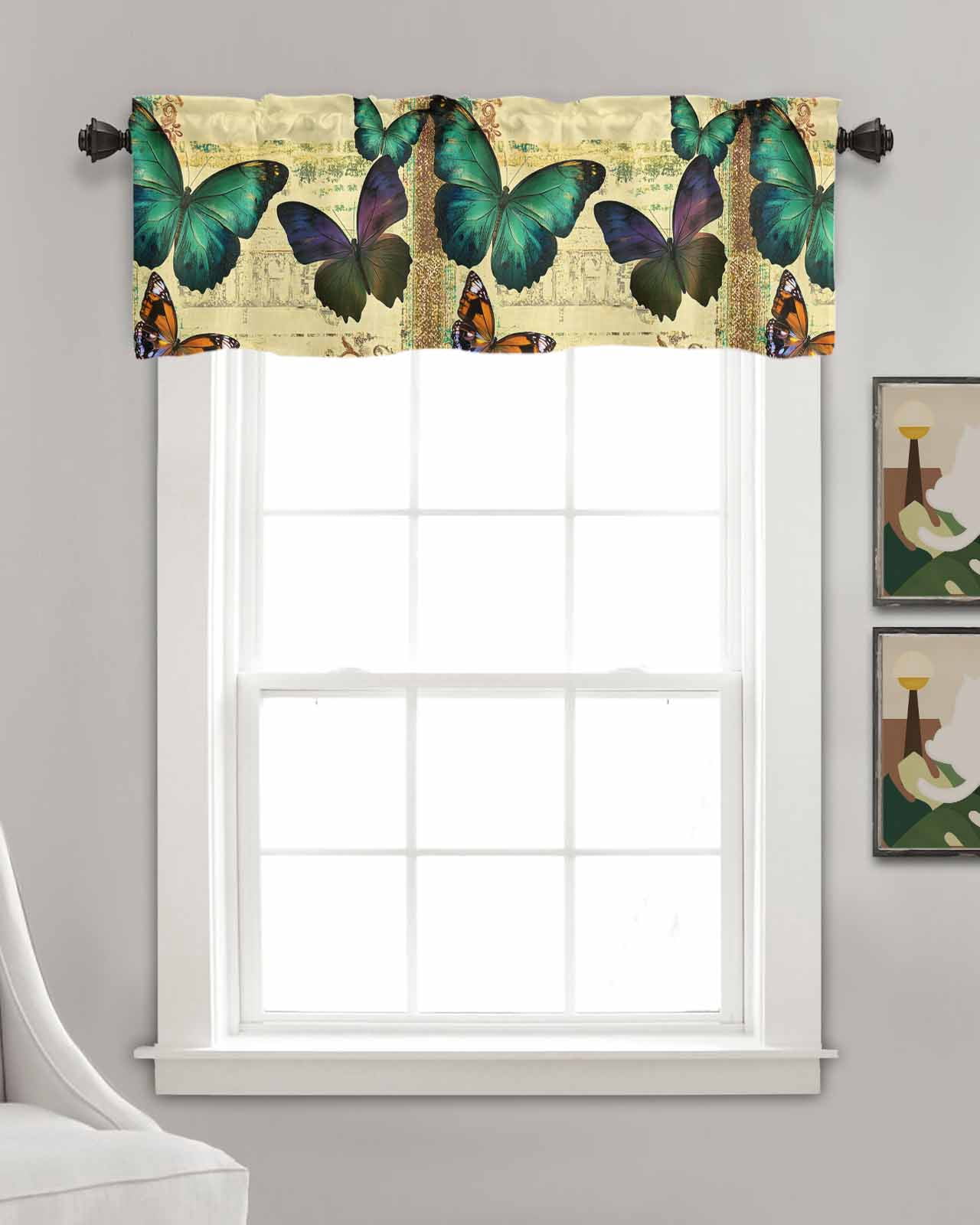 Teal Retro Butterfly Kitchen Valances for Windows Farmhouse Linen Window Valance Curtain for Living Room Window Treatment Vintage Summer Butterflies Valance Rod Pocket Topper Drape, 60 x 18 Inch