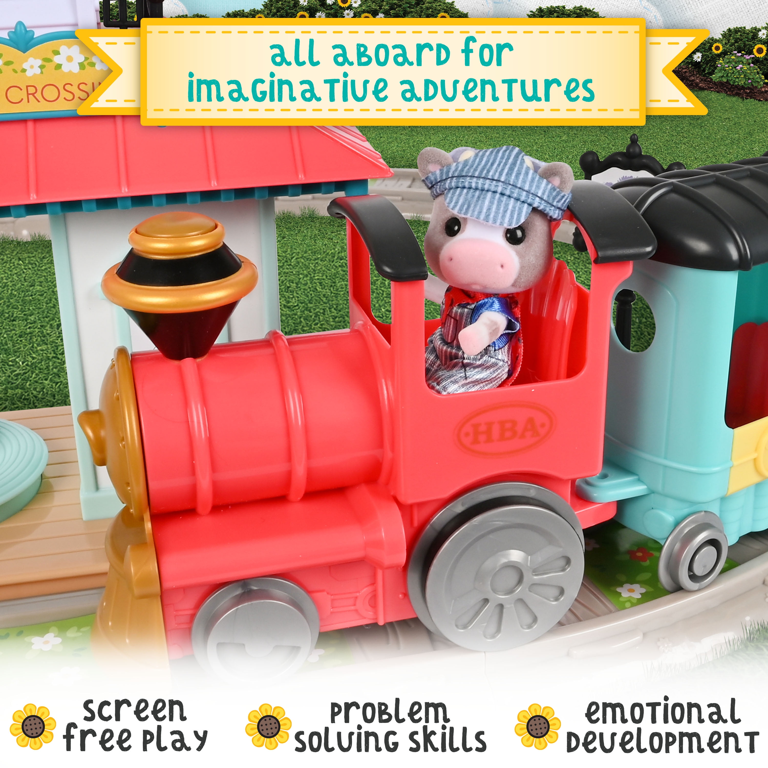 Honey Bee Acres Thistlestop Electric Train Station Set – Motorized Engine, Realistic Lights & Sounds, Poseable Cow Figure, Doll Playsets, 19 Pieces for Ages 3+
