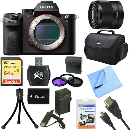 Sony a7S II Full-frame Mirrorless Interchangeable Lens Camera Body 28mm Lens Bundle includes a7S II Body, 28mm Full Frame Prime Lens, 49mm Filter Kit, 64GB Memory Card, Beach Camera Cloth and