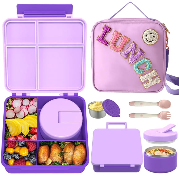 Fiambrera Bento Aimsnk Kids con termo para sopa, 240 ml y bolsa, color morado