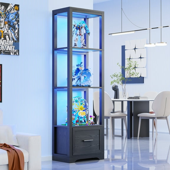BROTTAR Display Shelf with 3 Color Lights, Curio Cabinet for Collectibles with Drawer, Display Case with Human Body Sensor, Black