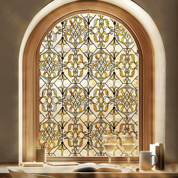 OHTMERU 3D Stained Glass Window Privacy Film, Heat Control UV Blocking Static Cling Decorative Window Film for Bathroom,Front Door,Home Non Adhesive 16.9 x 39.3 inches Golden Filigree