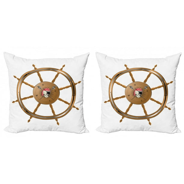 Ships Wheel Throw Pillow Cushion Cover Pack Of 2 Wooden Steering Wheel Image Of Pirate Skull Seaman Lifestyle Ocean Inspired Zippered Double Side Digital Print 4 Sizes Brown Black By Ambesonne Walmart Com
