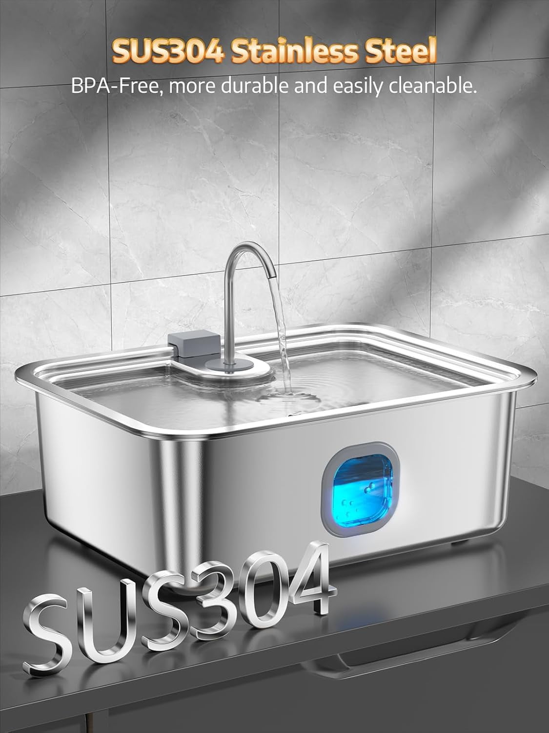 Large Stainless Steel Dog Water Fountain, 16L Automatic Pet Dispenser with Wider Drinking Tray and Visible Window for Multi-Pet Families