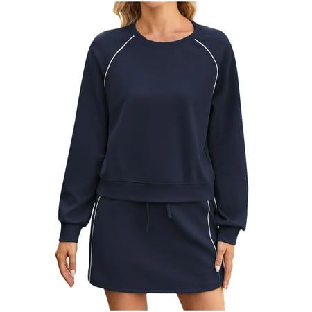 HAiming Women s 2 Piece Outfits Pullover Casual Crew Neck Long Sleeve Sweatshirt Tennis Mini Skirts Tracksuit Sets